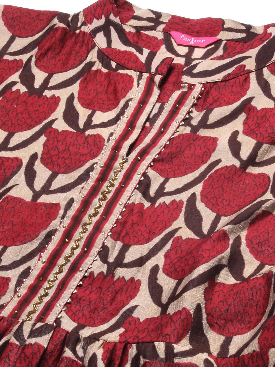 Floral Printed & Embroidered A-Line Kurta with Pant & Dupatta - Magenta - Indiakreations