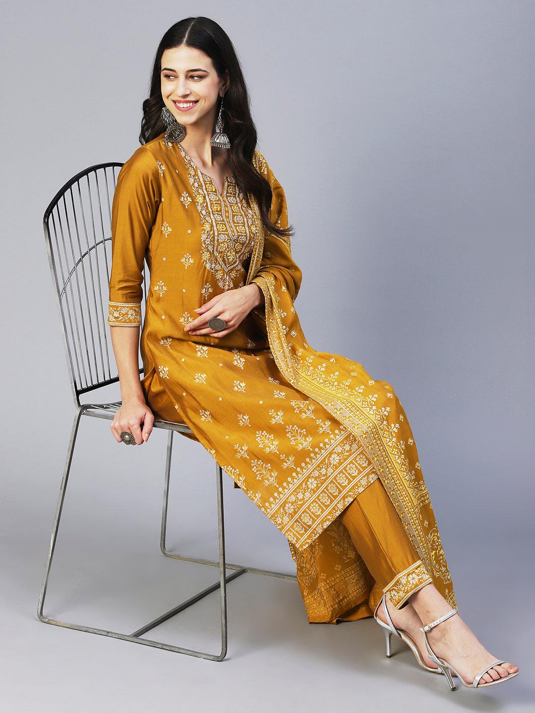 Floral Printed & Embroidered Straight Kurta with Pant & Dupatta - Mustard - Indiakreations