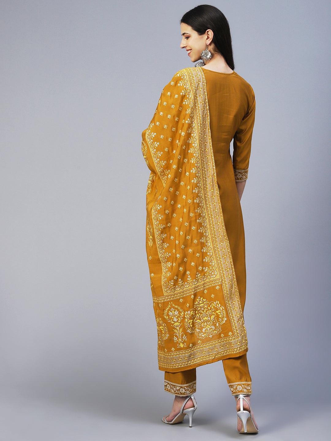 Floral Printed & Embroidered Straight Kurta with Pant & Dupatta - Mustard - Indiakreations