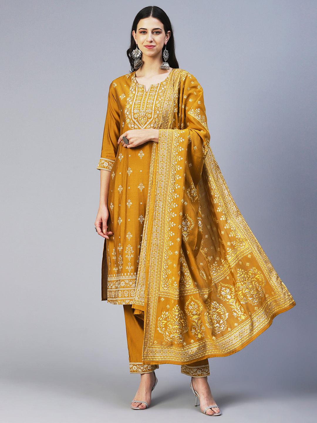 Floral Printed & Embroidered Straight Kurta with Pant & Dupatta - Mustard - Indiakreations