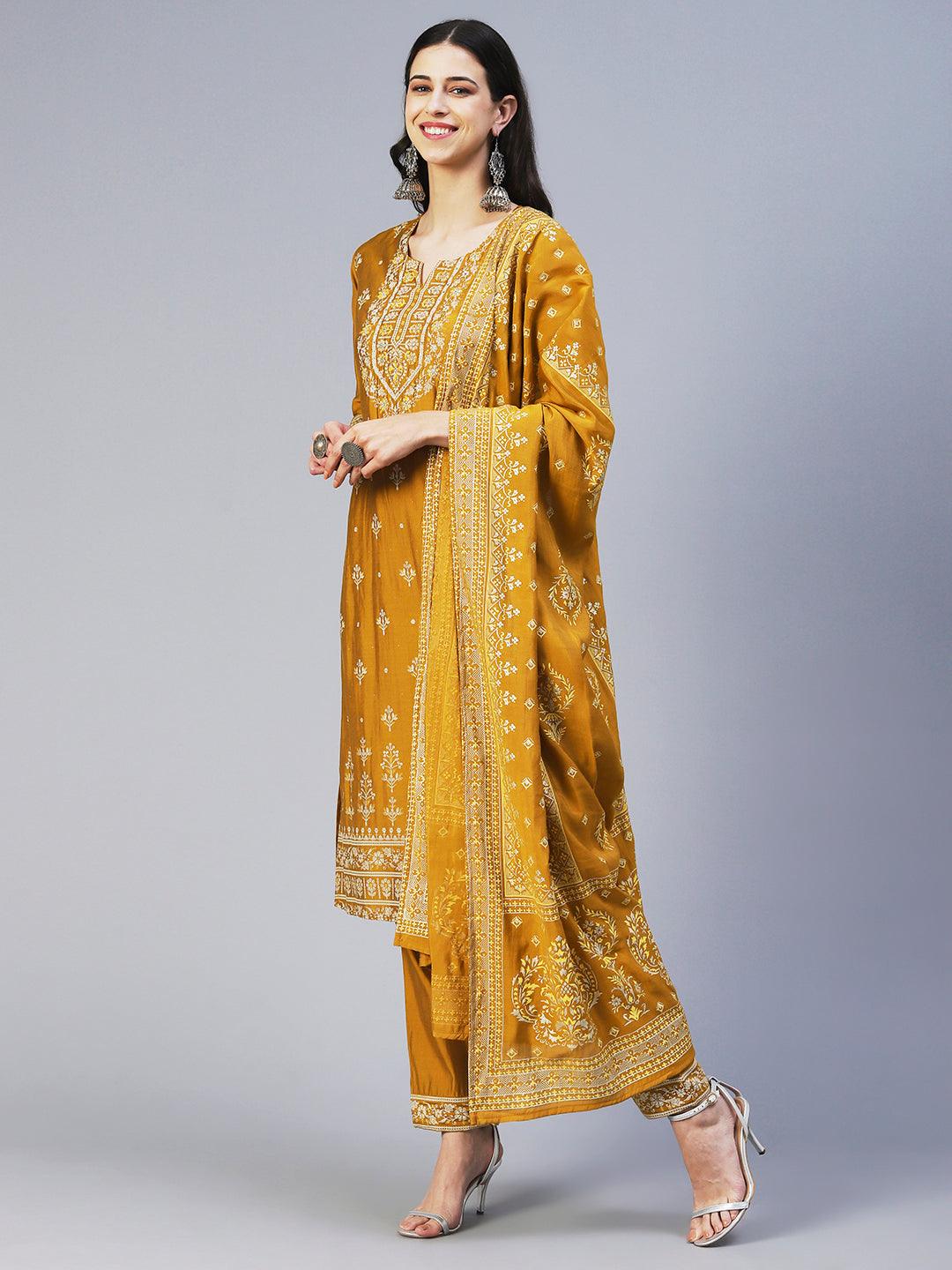 Floral Printed & Embroidered Straight Kurta with Pant & Dupatta - Mustard - Indiakreations