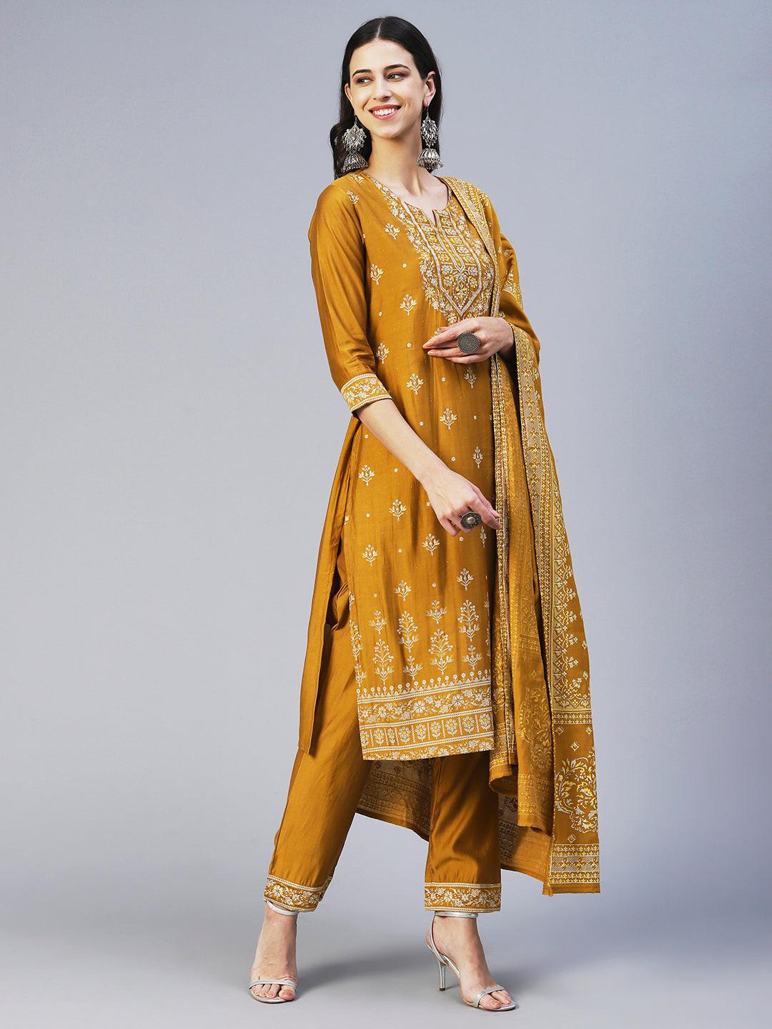 Floral Printed & Embroidered Straight Kurta with Pant & Dupatta - Mustard - Indiakreations