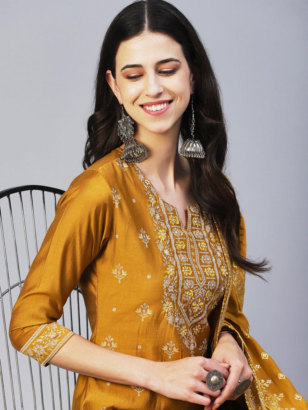 Floral Printed & Embroidered Straight Kurta with Pant & Dupatta - Mustard - Indiakreations