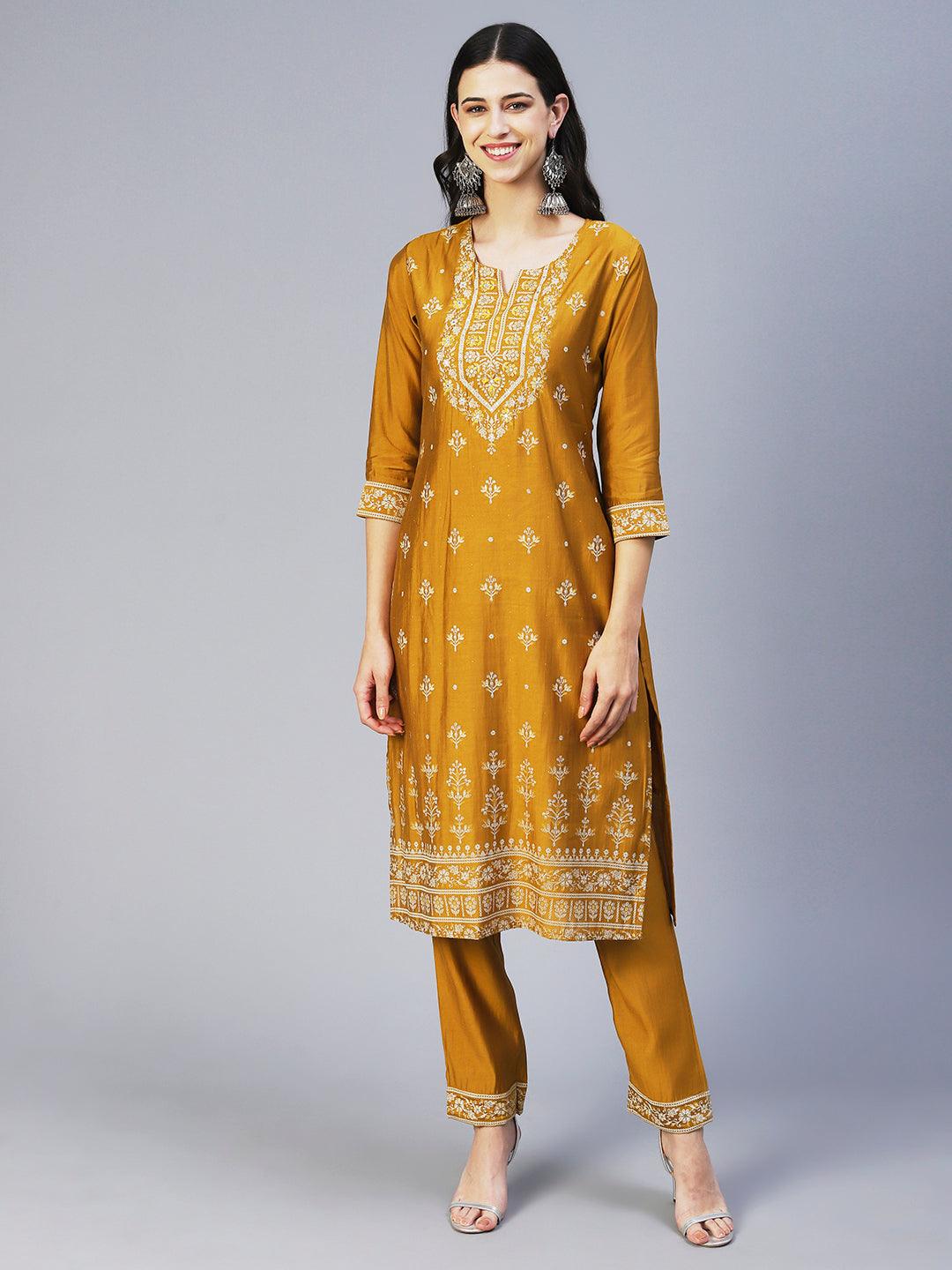 Floral Printed & Embroidered Straight Kurta with Pant & Dupatta - Mustard - Indiakreations