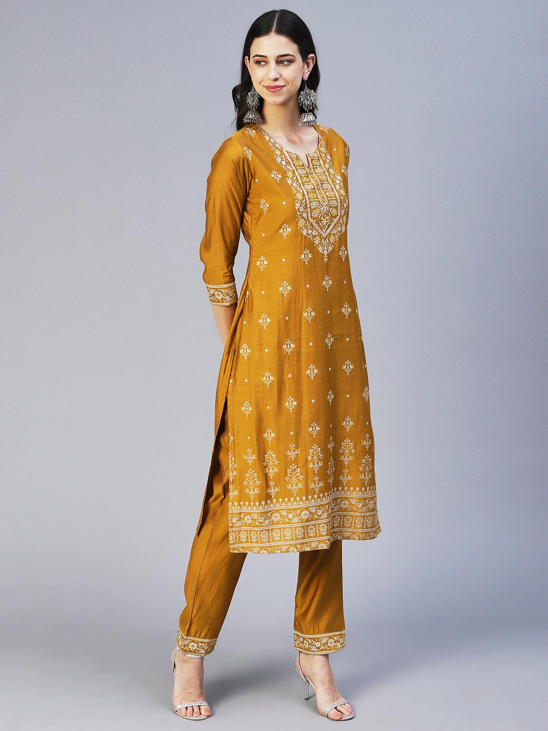 Floral Printed & Embroidered Straight Kurta with Pant & Dupatta - Mustard - Indiakreations