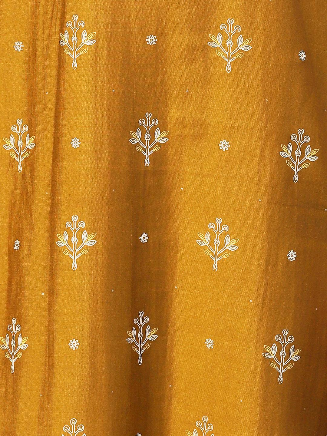 Floral Printed & Embroidered Straight Kurta with Pant & Dupatta - Mustard - Indiakreations