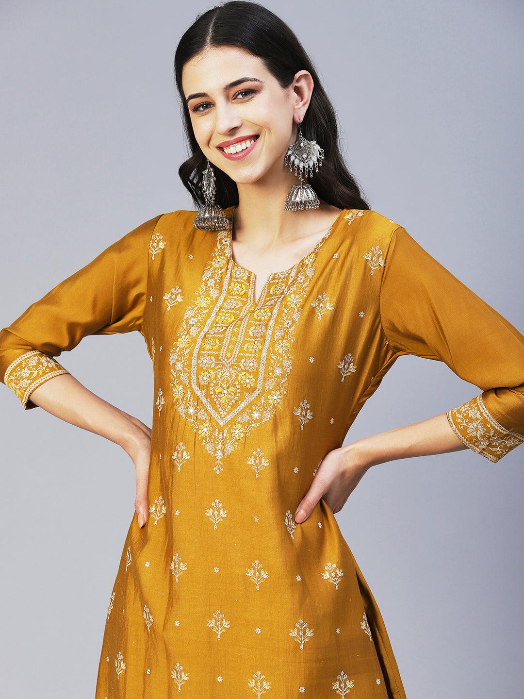 Floral Printed & Embroidered Straight Kurta with Pant & Dupatta - Mustard - Indiakreations