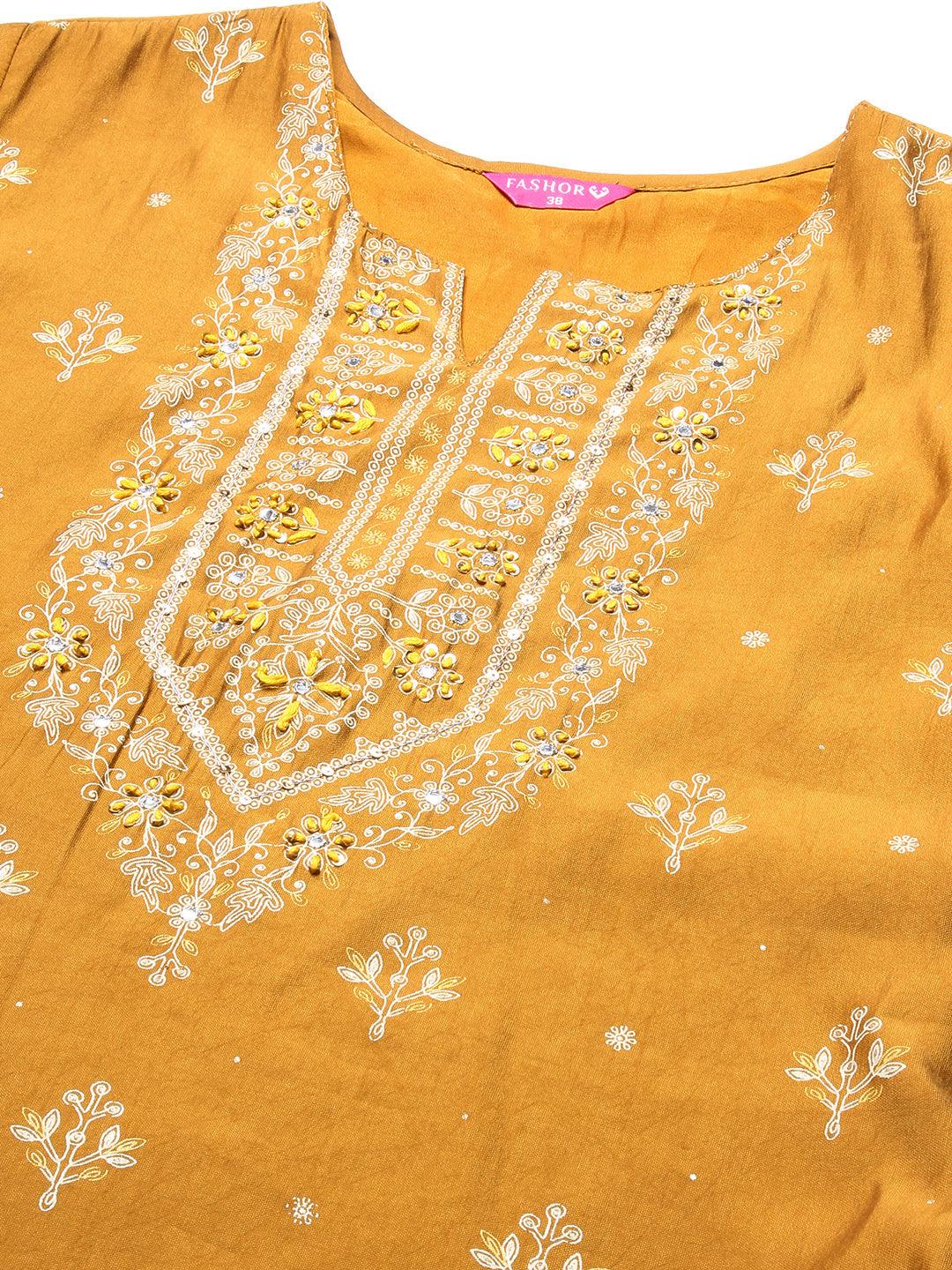 Floral Printed & Embroidered Straight Kurta with Pant & Dupatta - Mustard - Indiakreations