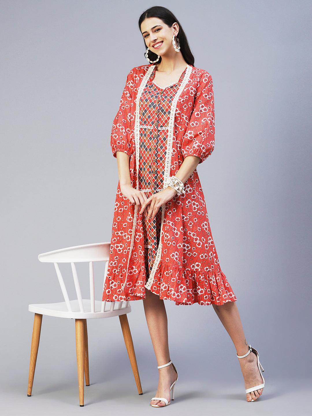 Ethnic Printed Tiered Dress with A-line Floral Printed Jacket - Peach - Indiakreations