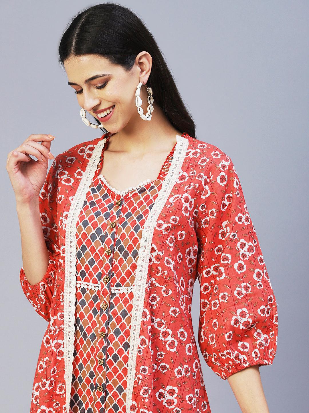 Ethnic Printed Tiered Dress with A-line Floral Printed Jacket - Peach - Indiakreations