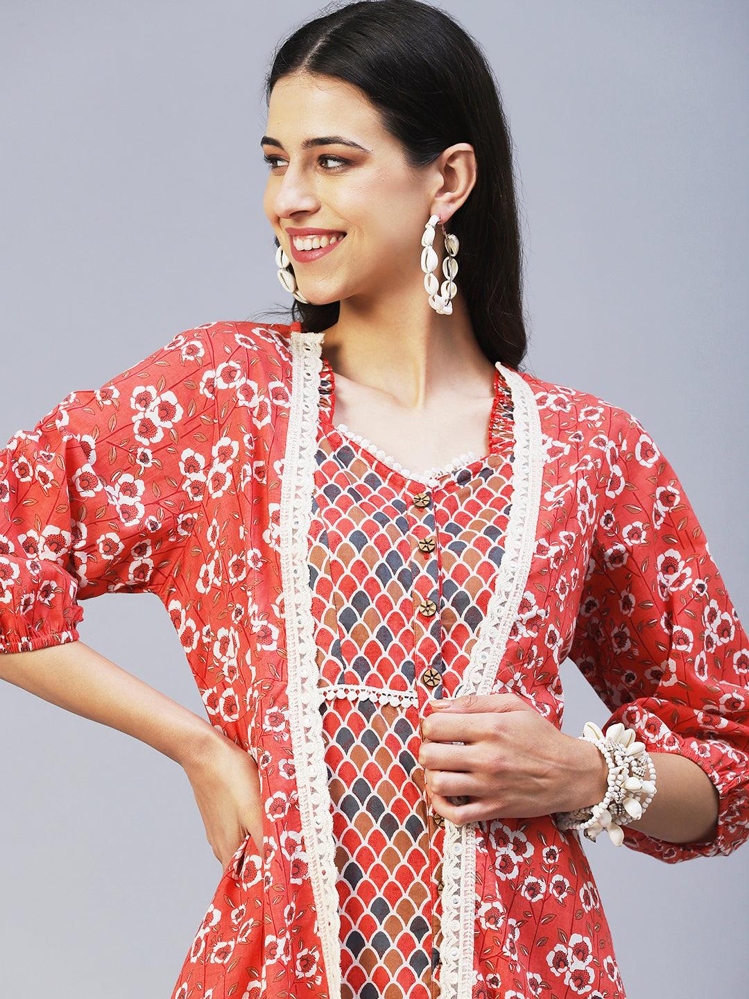 Ethnic Printed Tiered Dress with A-line Floral Printed Jacket - Peach - Indiakreations