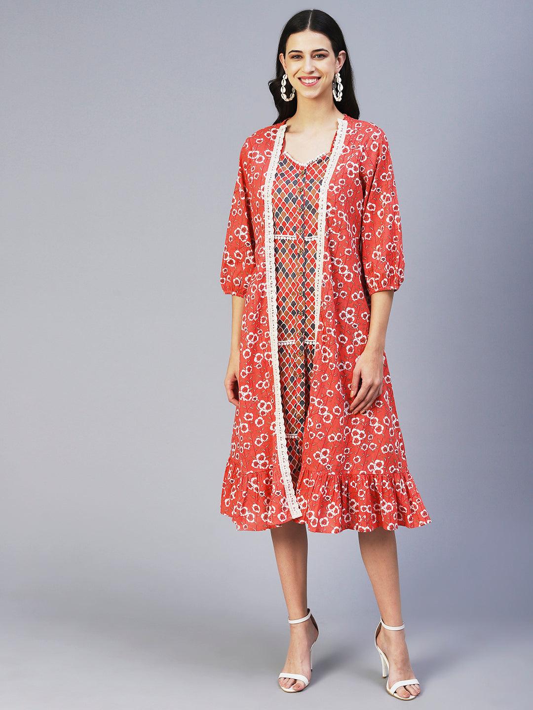 Ethnic Printed Tiered Dress with A-line Floral Printed Jacket - Peach - Indiakreations