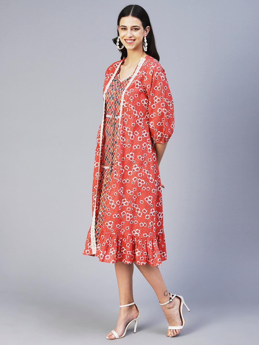 Ethnic Printed Tiered Dress with A-line Floral Printed Jacket - Peach - Indiakreations