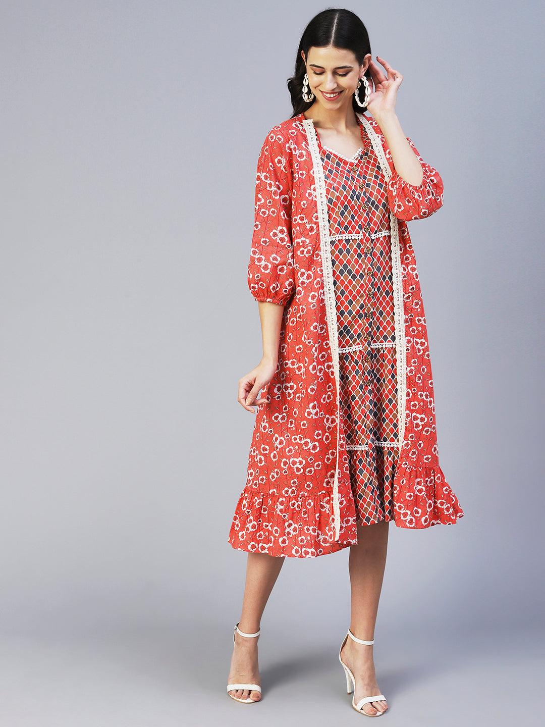 Ethnic Printed Tiered Dress with A-line Floral Printed Jacket - Peach - Indiakreations