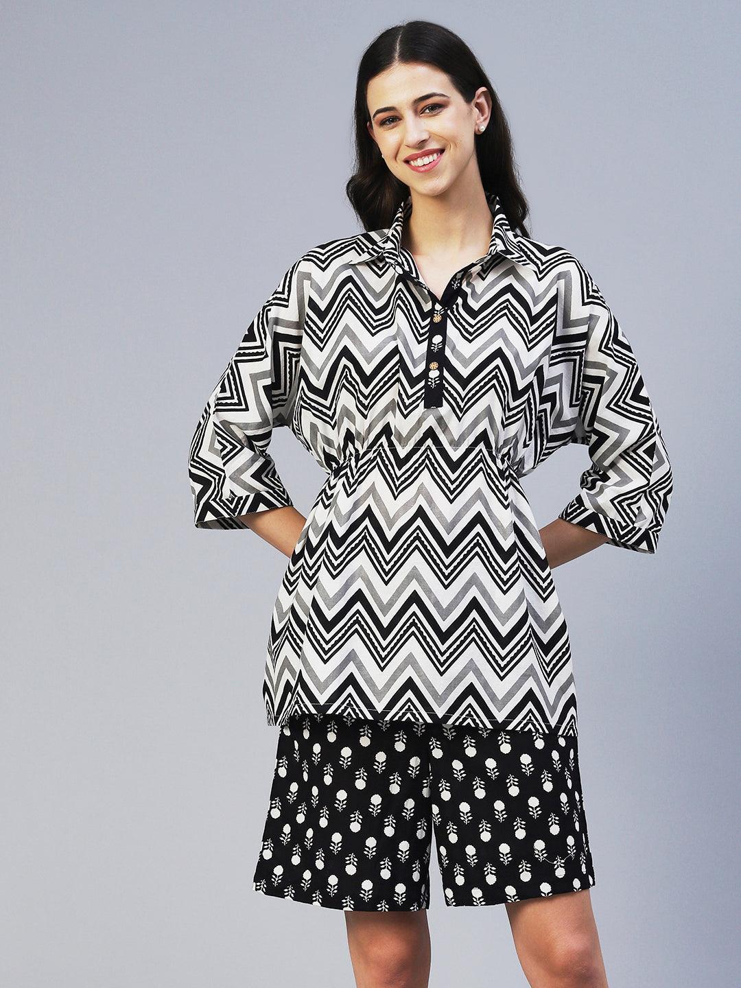 Chevron Printed Straight Fit Lounge Wear Set - Black - Indiakreations