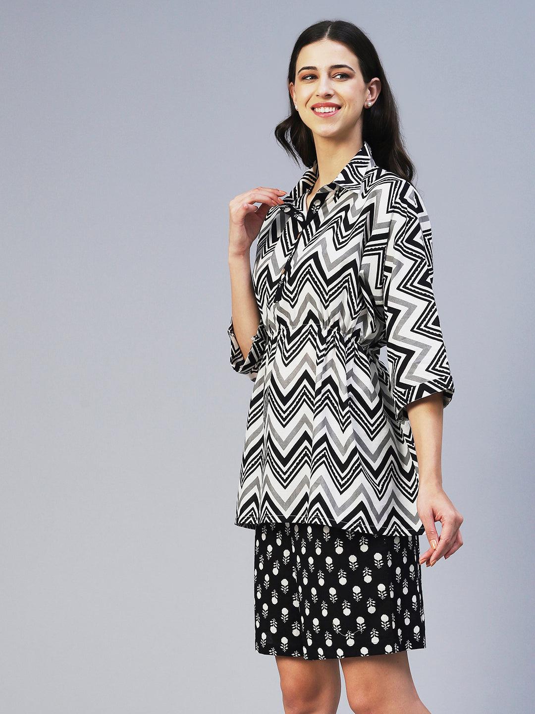 Chevron Printed Straight Fit Lounge Wear Set - Black - Indiakreations