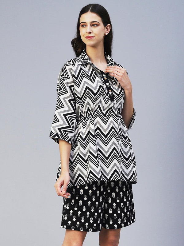 Chevron Printed Straight Fit Lounge Wear Set - Black - Indiakreations