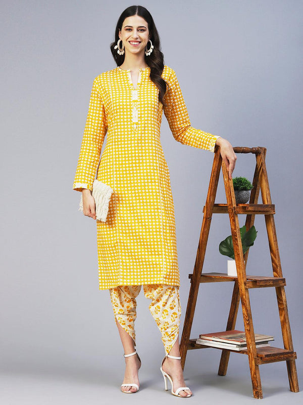 Ethnic Printed Straight Fit Kurta with Tulip Pant - Yellow - Indiakreations