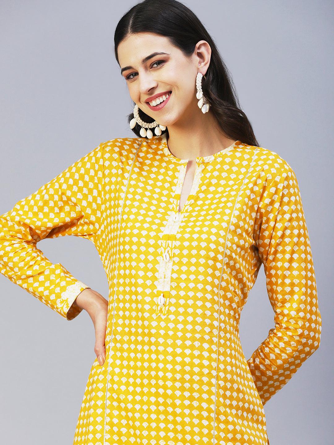 Ethnic Printed Straight Fit Kurta with Tulip Pant - Yellow - Indiakreations