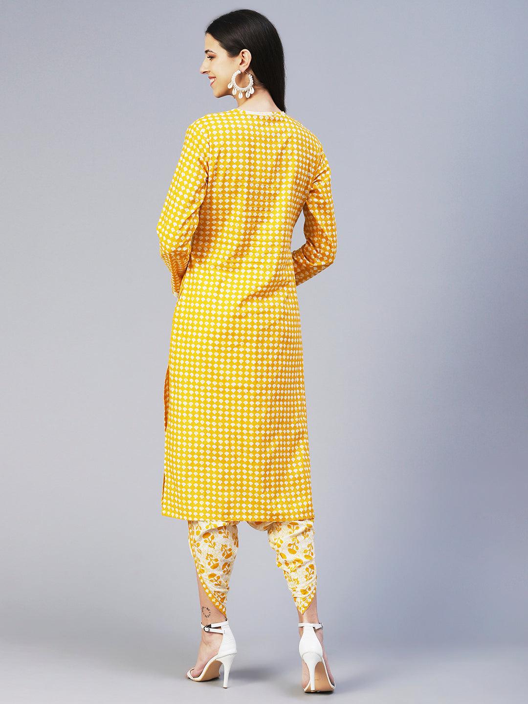 Ethnic Printed Straight Fit Kurta with Tulip Pant - Yellow - Indiakreations