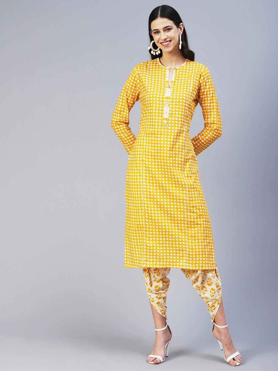 Ethnic Printed Straight Fit Kurta with Tulip Pant - Yellow - Indiakreations