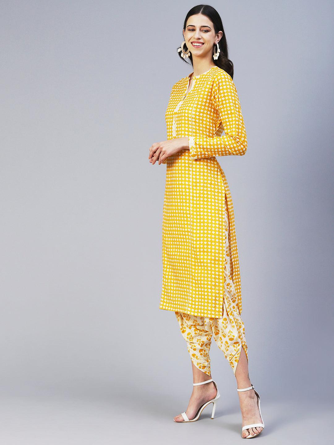 Ethnic Printed Straight Fit Kurta with Tulip Pant - Yellow - Indiakreations