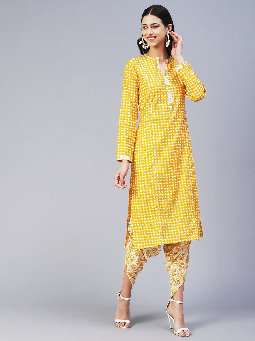 Ethnic Printed Straight Fit Kurta with Tulip Pant - Yellow - Indiakreations