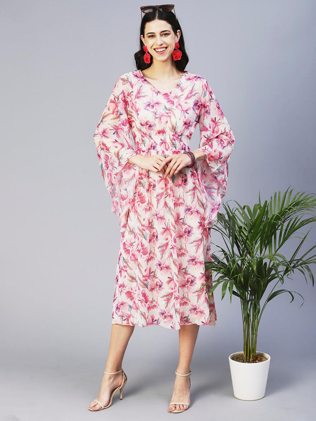 Floral Printed Smocked Dress With Inner - Pink - Indiakreations