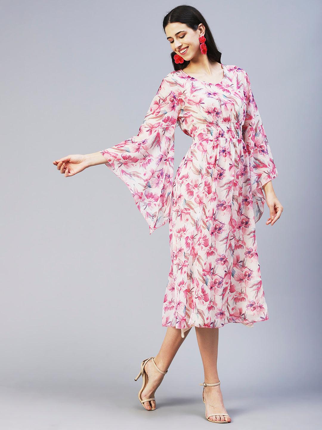 Floral Printed Smocked Dress With Inner - Pink - Indiakreations