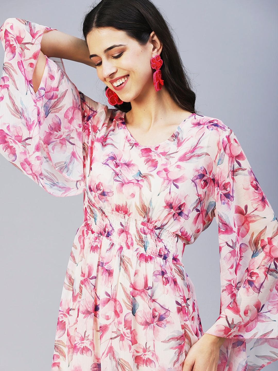 Floral Printed Smocked Dress With Inner - Pink - Indiakreations