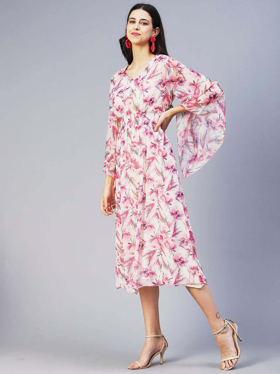 Floral Printed Smocked Dress With Inner - Pink - Indiakreations