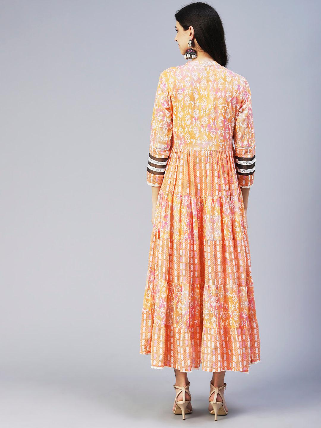 Abstract Printed Resham Embroidered Tiered Maxi Dress - Orange - Indiakreations