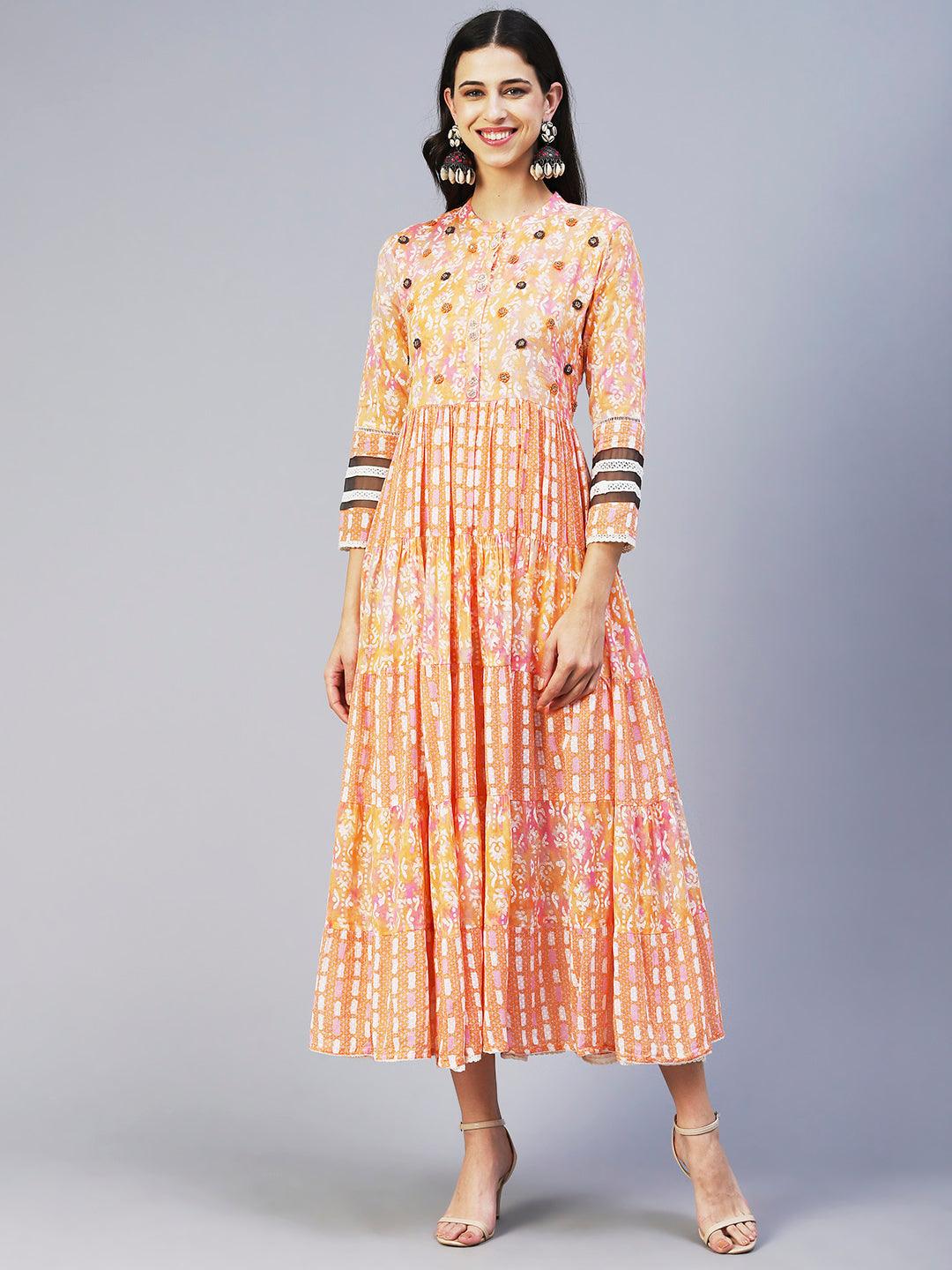 Abstract Printed Resham Embroidered Tiered Maxi Dress - Orange - Indiakreations