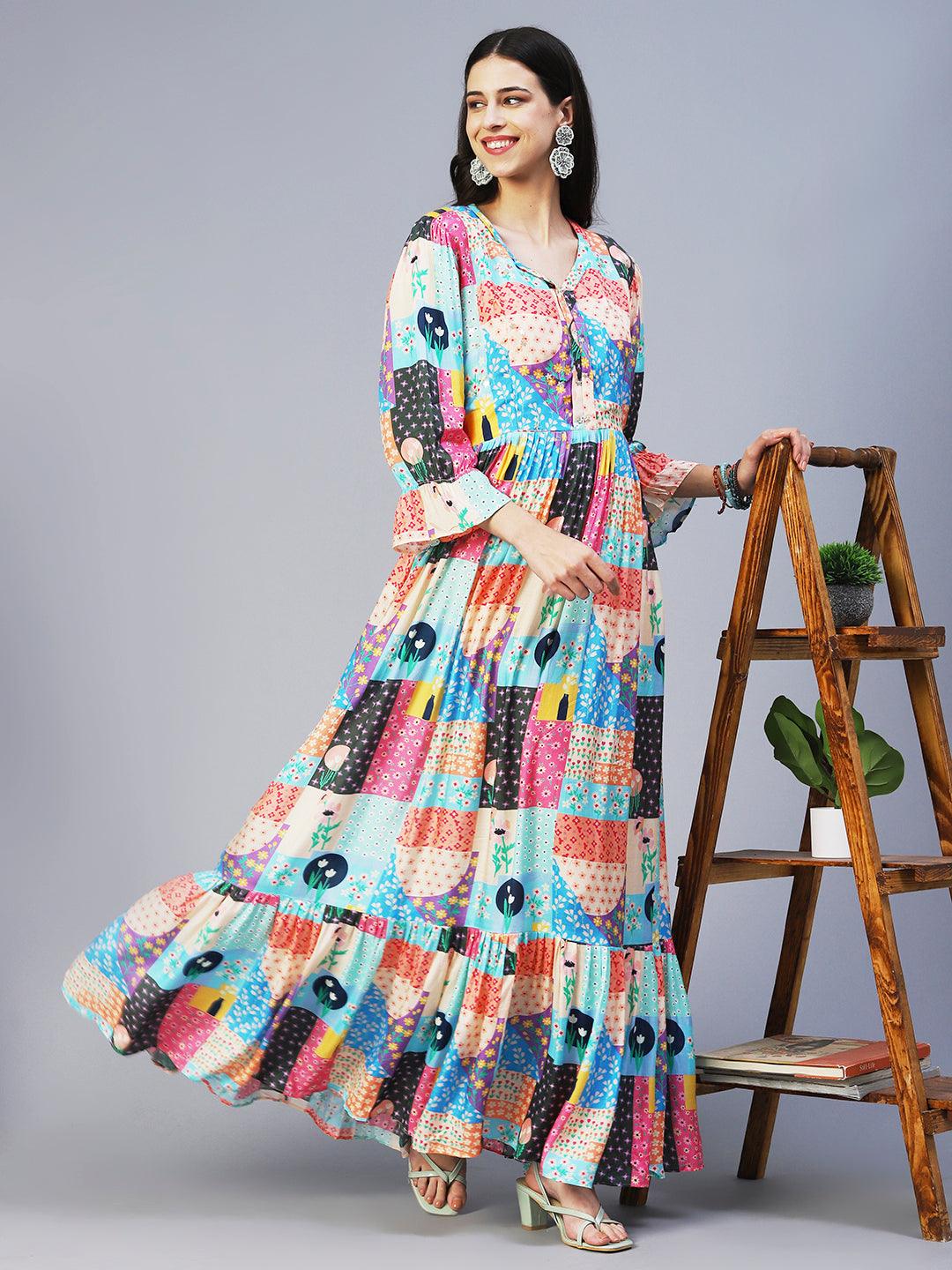 Bohemian Printed Hand Embroidered Maxi Dress - Multi - Indiakreations