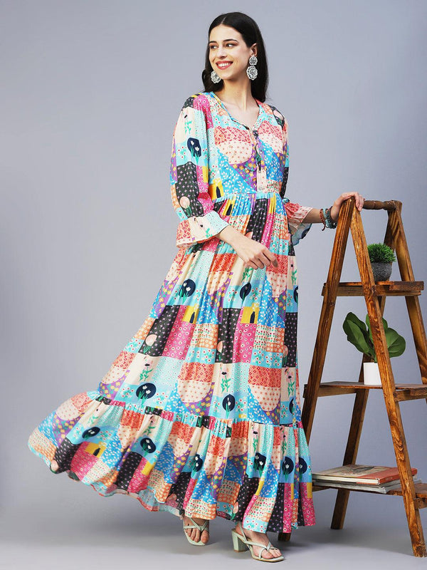 Bohemian Printed Hand Embroidered Maxi Dress - Multi - Indiakreations