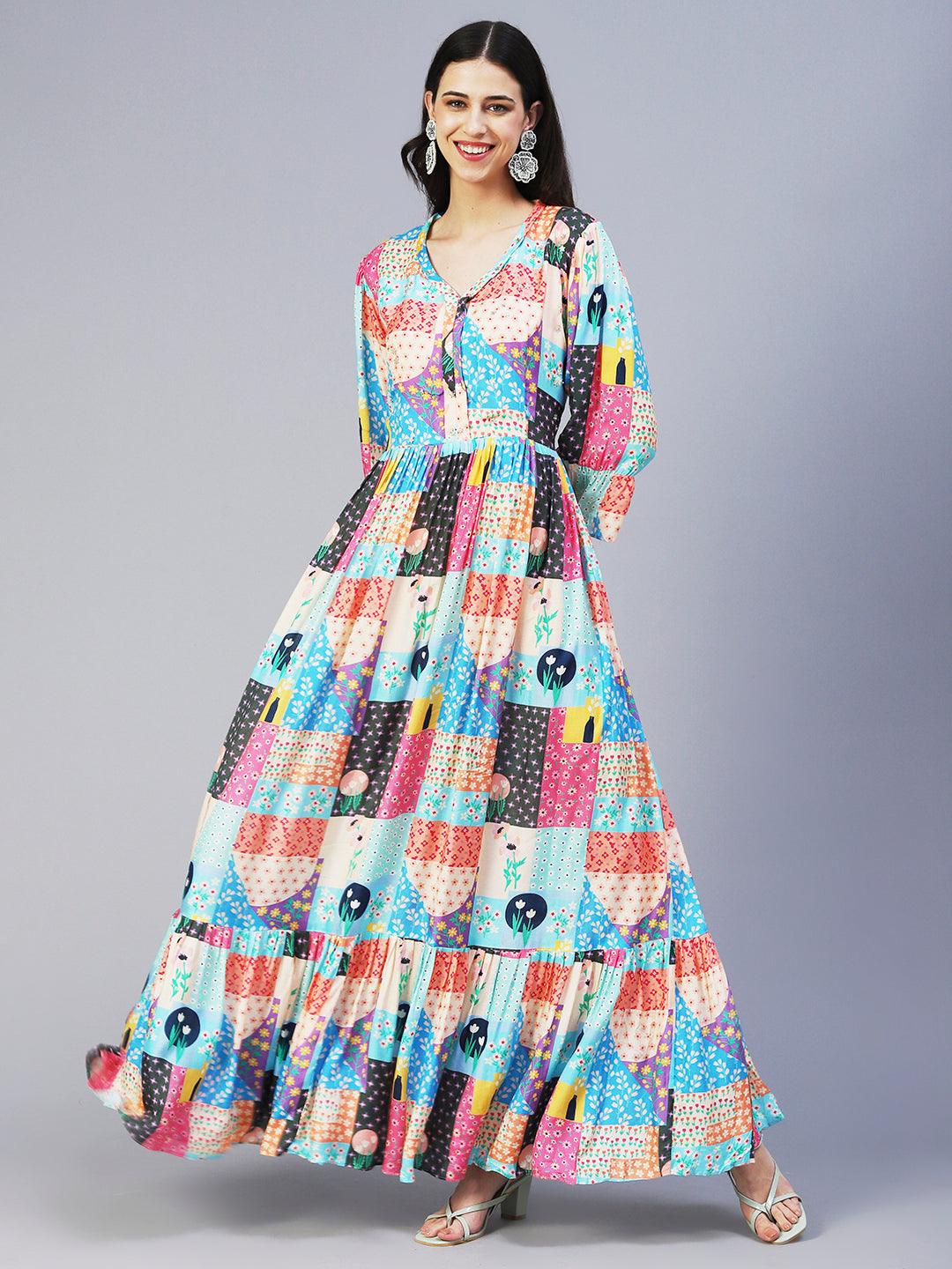 Bohemian Printed Hand Embroidered Maxi Dress - Multi - Indiakreations