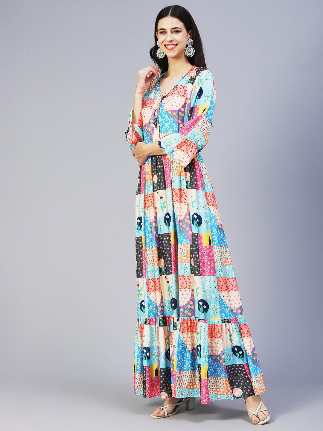 Bohemian Printed Hand Embroidered Maxi Dress - Multi - Indiakreations