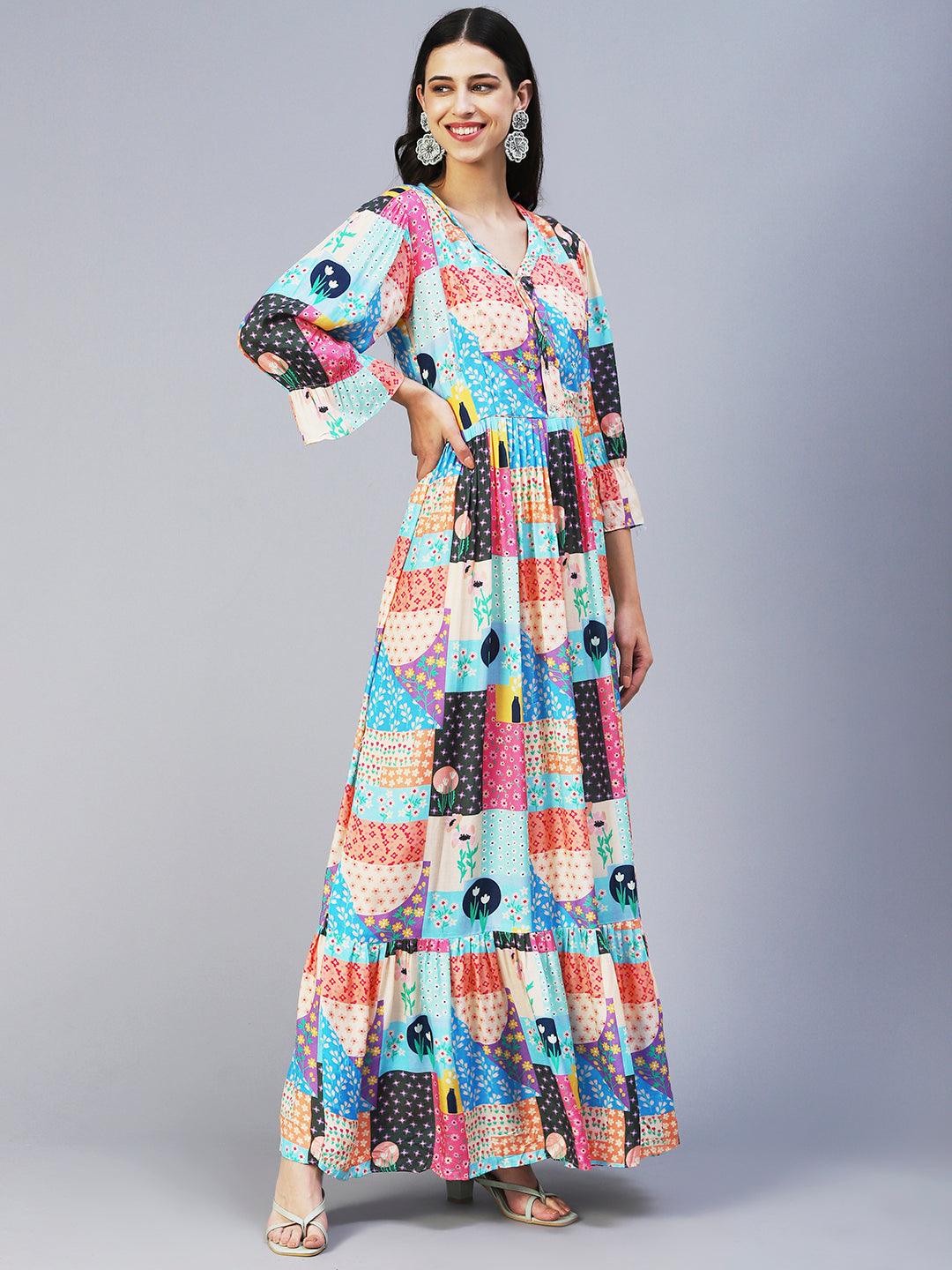 Bohemian Printed Hand Embroidered Maxi Dress - Multi - Indiakreations