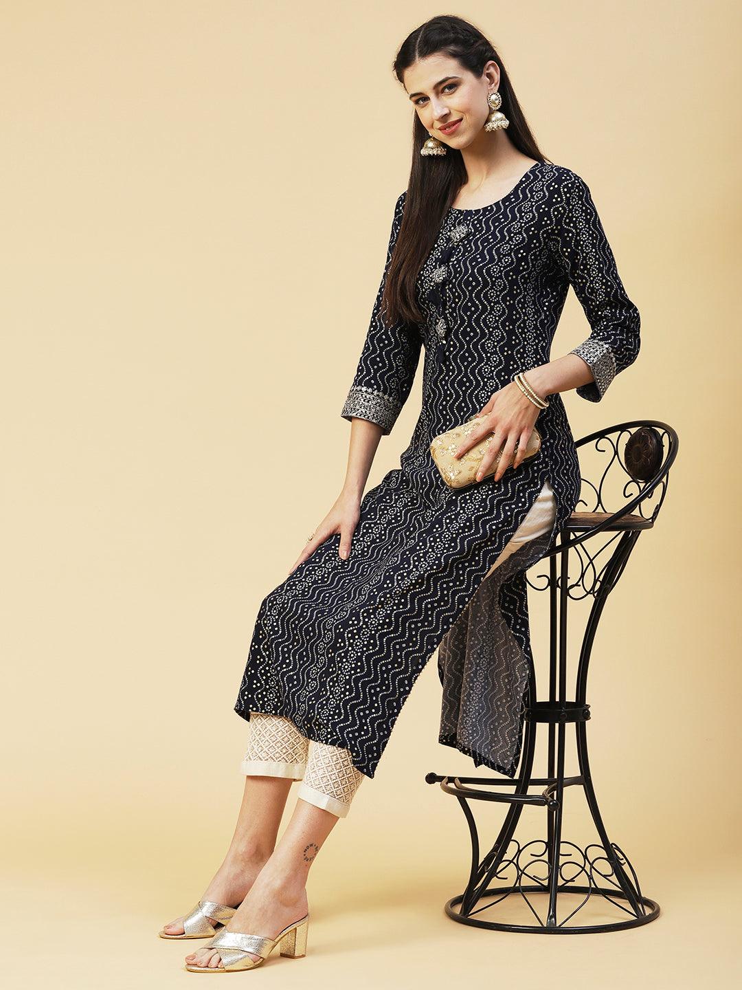 Bandhani Printed Zari & Sequins Embroidered Tasseled Kurta - Navy Blue - Indiakreations