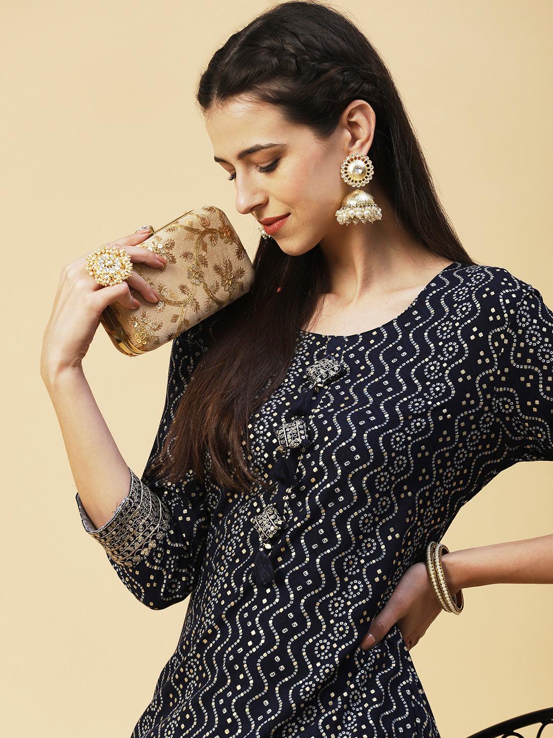 Bandhani Printed Zari & Sequins Embroidered Tasseled Kurta - Navy Blue - Indiakreations