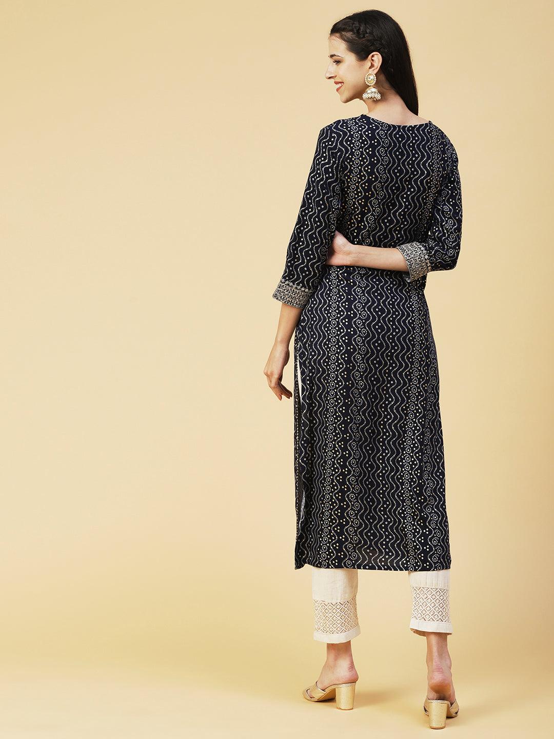 Bandhani Printed Zari & Sequins Embroidered Tasseled Kurta - Navy Blue - Indiakreations