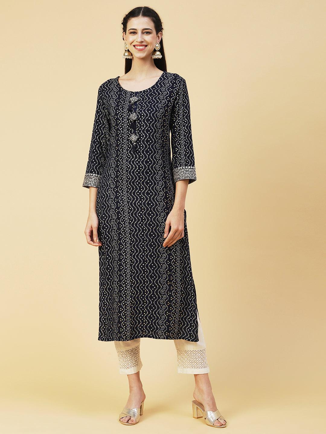 Bandhani Printed Zari & Sequins Embroidered Tasseled Kurta - Navy Blue - Indiakreations