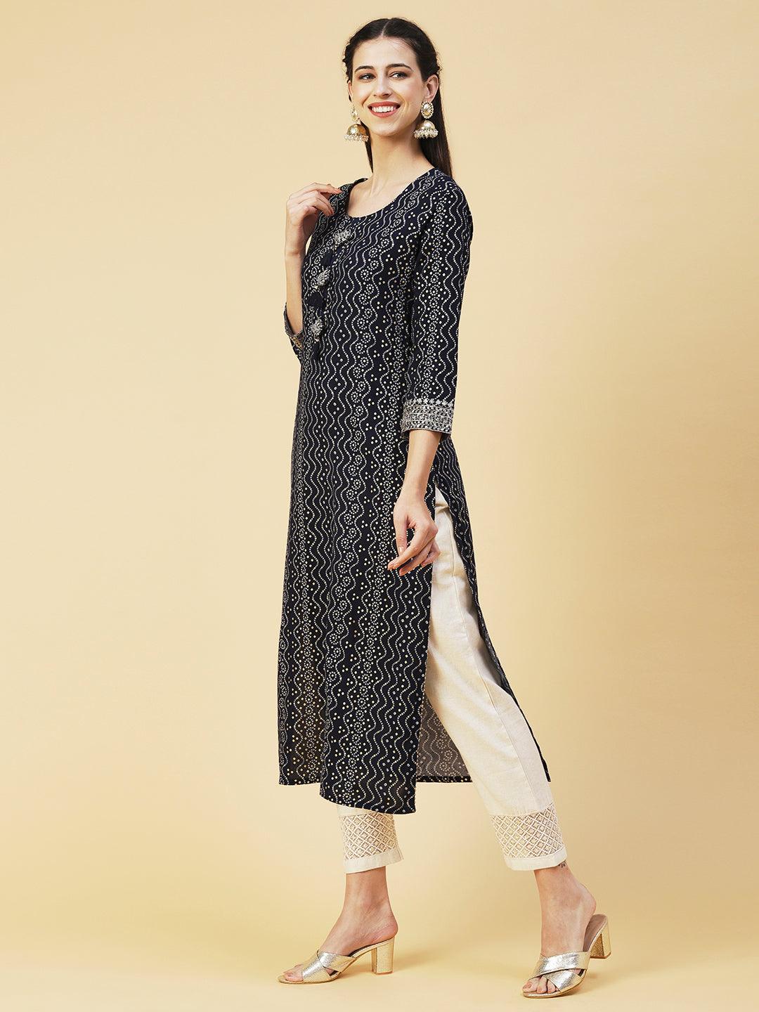 Bandhani Printed Zari & Sequins Embroidered Tasseled Kurta - Navy Blue - Indiakreations