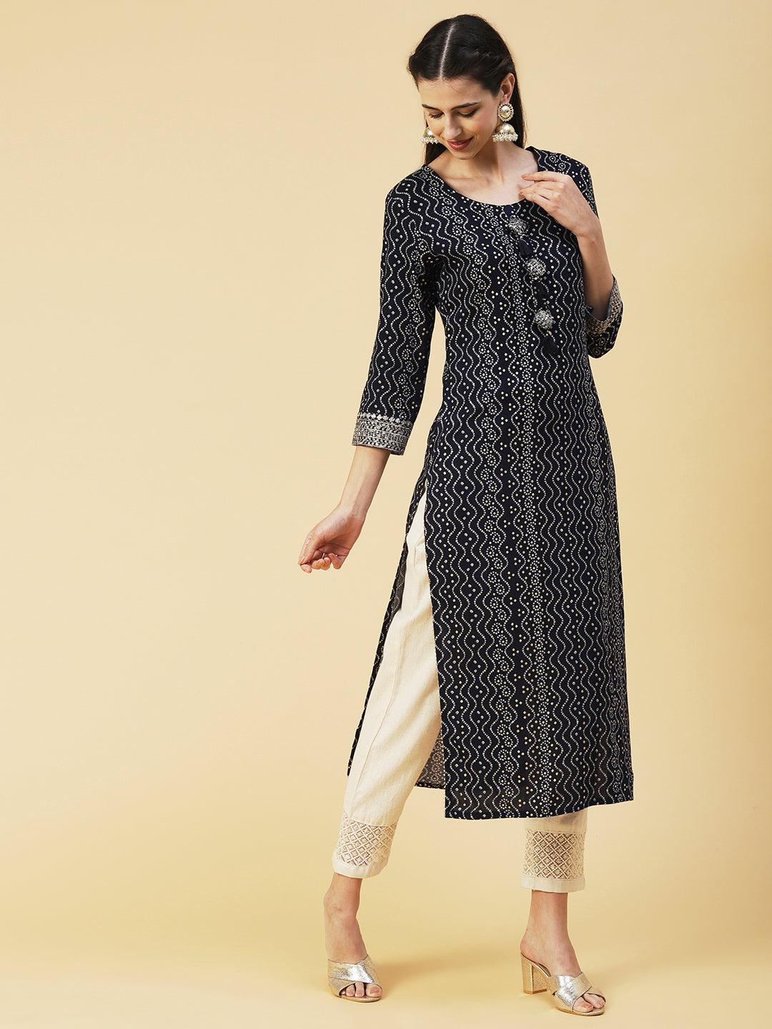 Bandhani Printed Zari & Sequins Embroidered Tasseled Kurta - Navy Blue - Indiakreations