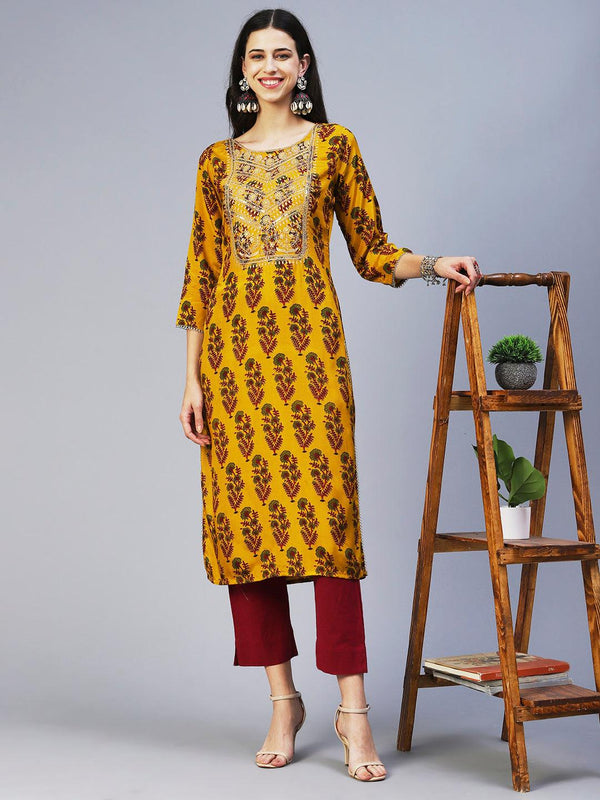 Floral Printed Zari & Mirror Embroidered Kurta - Mustard - Indiakreations