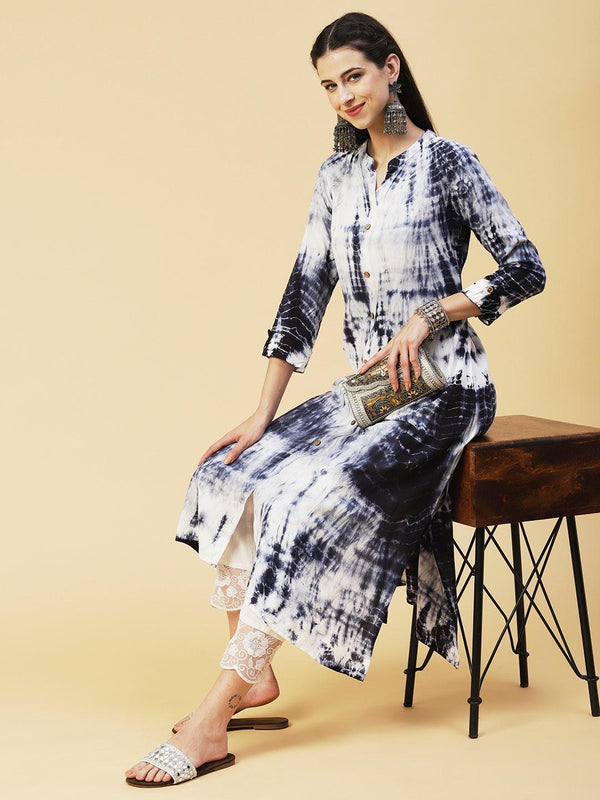 Shibori Printed Paneled Kurta - Blue & White - Indiakreations