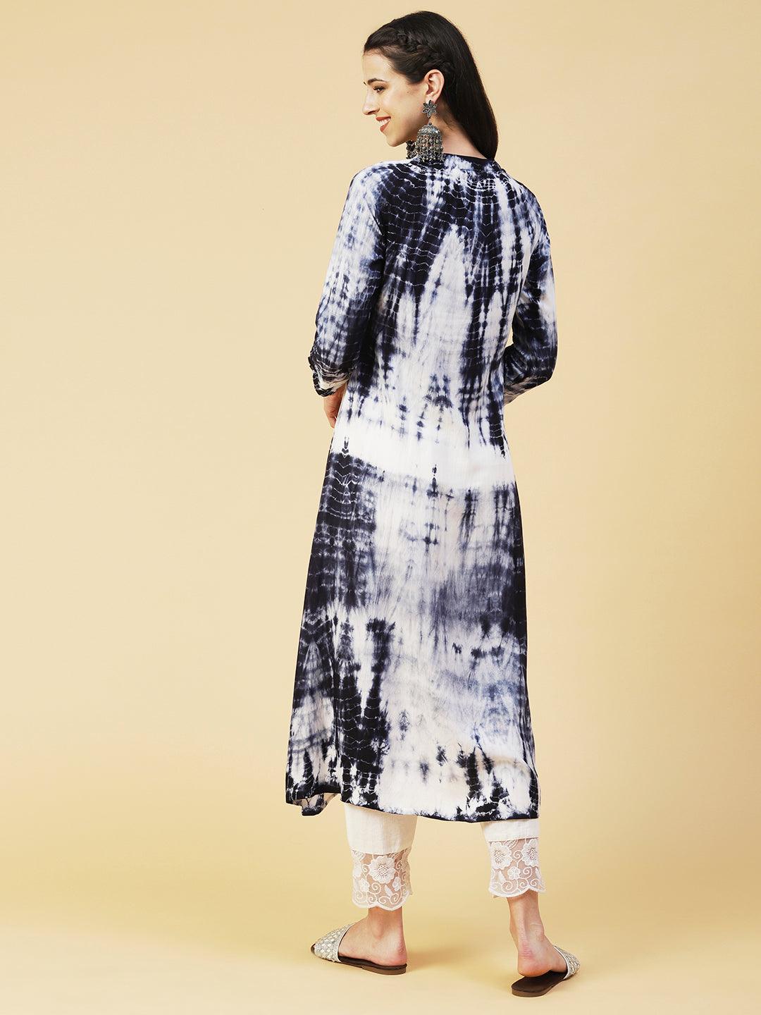 Shibori Printed Paneled Kurta - Blue & White - Indiakreations