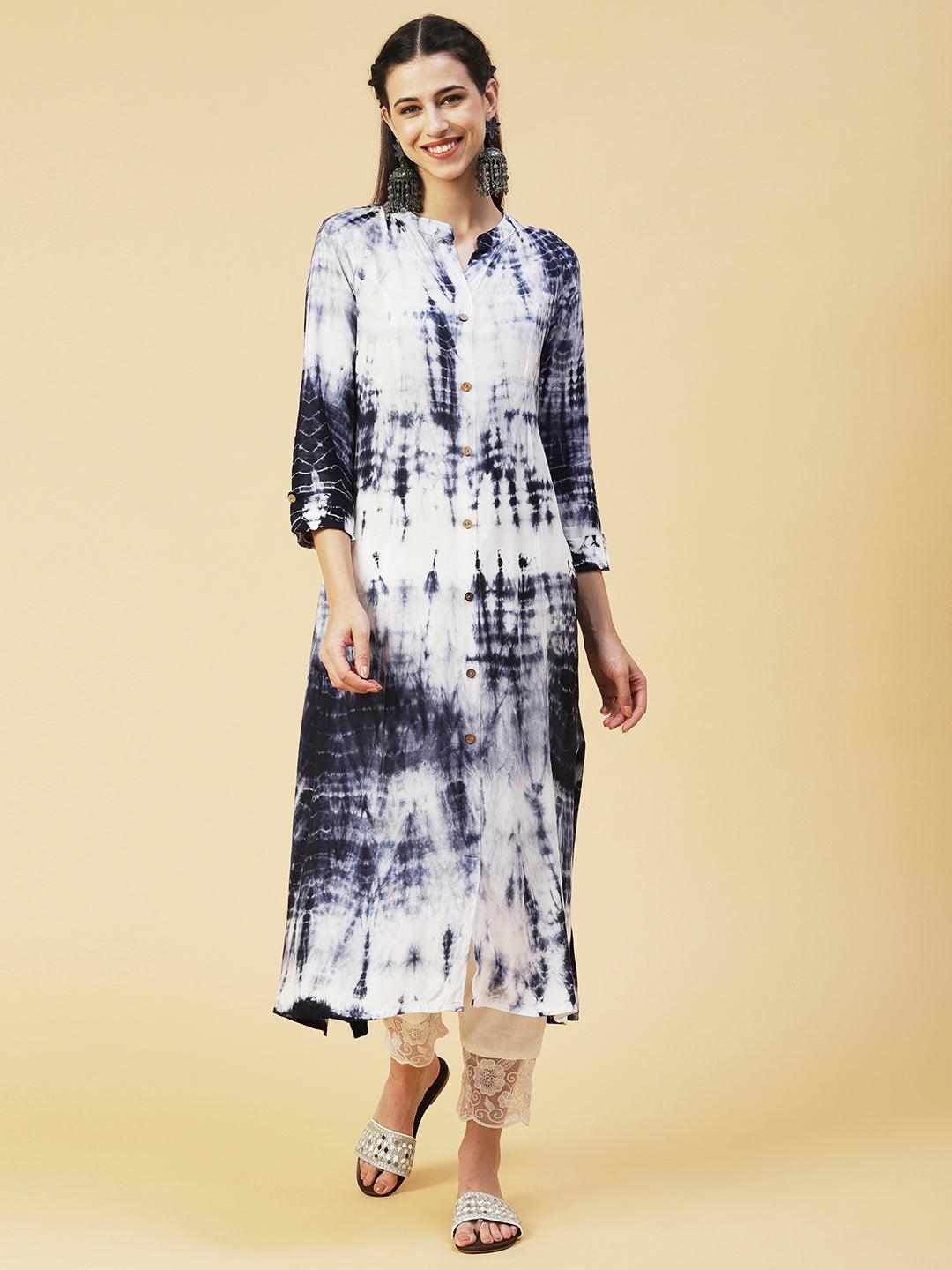 Shibori Printed Paneled Kurta - Blue & White - Indiakreations