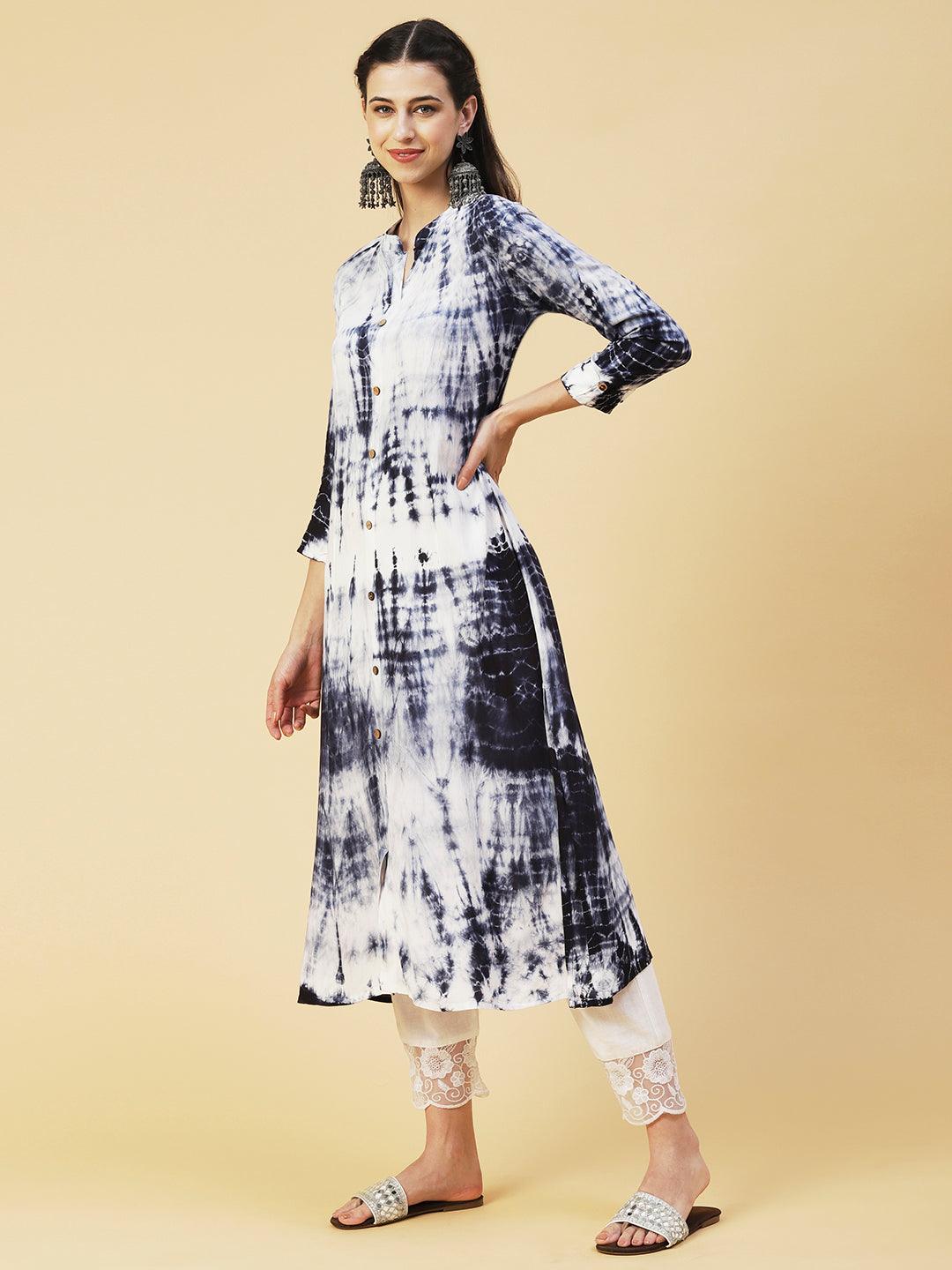 Shibori Printed Paneled Kurta - Blue & White - Indiakreations