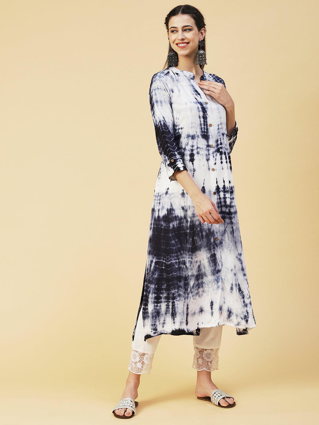 Shibori Printed Paneled Kurta - Blue & White - Indiakreations